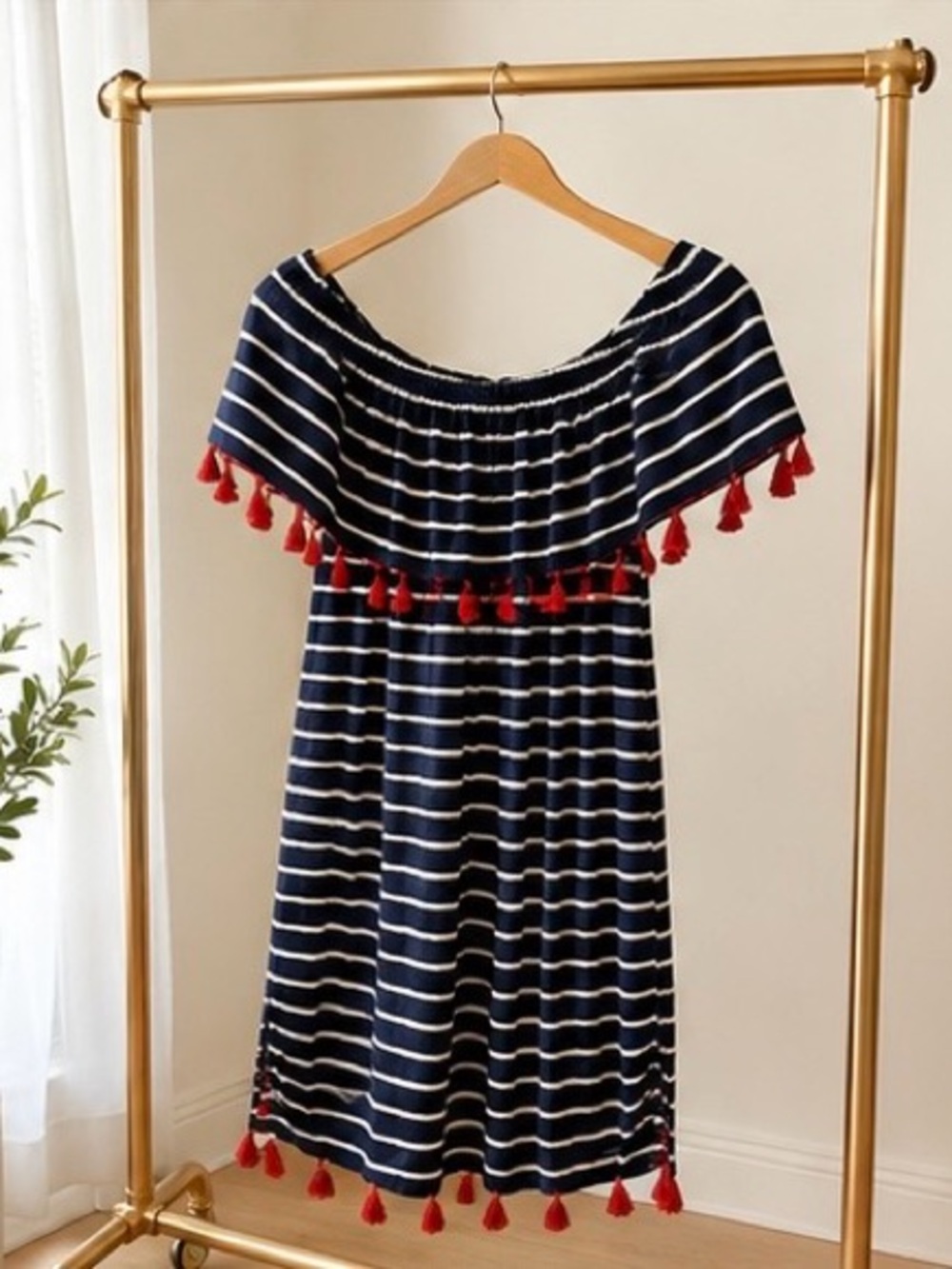 escapada Navy and White Striped Off-Shoulder Dress with Red Tassels